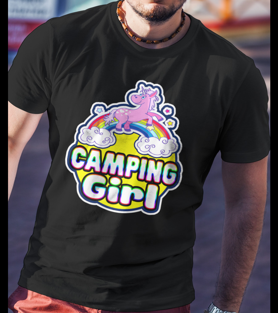 Camping Girl Rainbow Unicorn Cloud Adventure T-Shirt