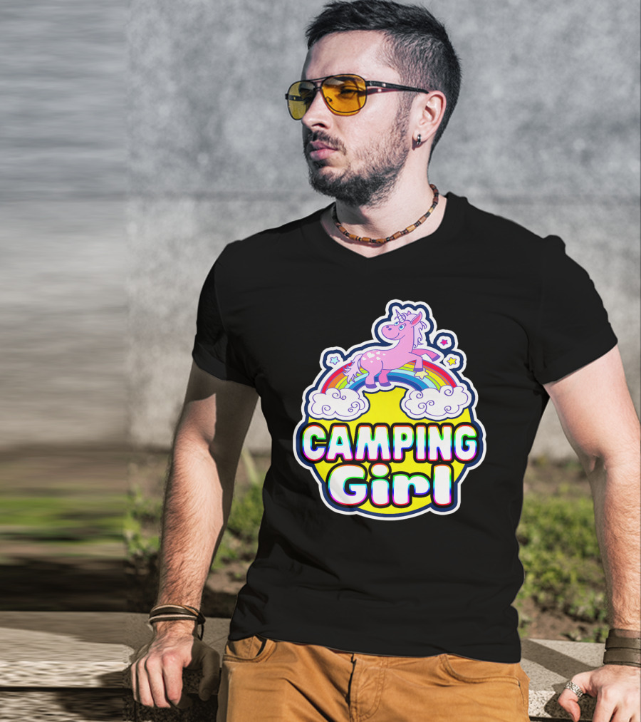 Camping Girl Rainbow Unicorn Cloud Adventure T-Shirt