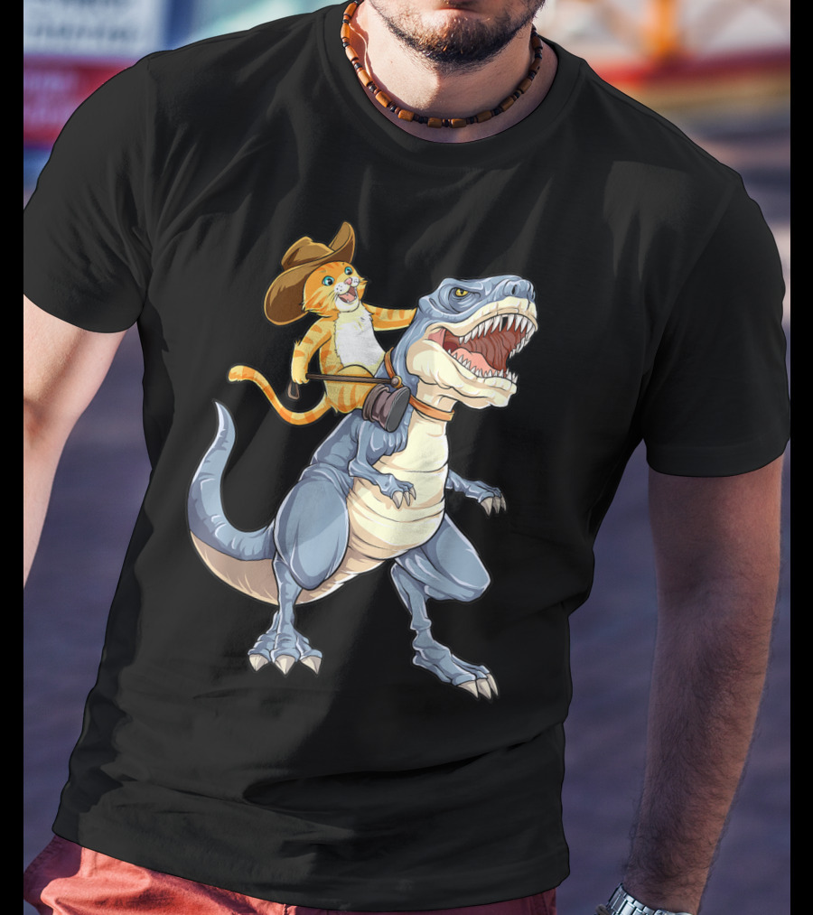 Cat In Cowboy Hat Riding Dinosaur Rex Purrassic Kitty Dino T-Shirt