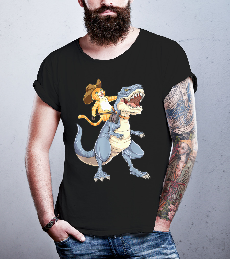 Cat In Cowboy Hat Riding Dinosaur Rex Purrassic Kitty Dino T-Shirt