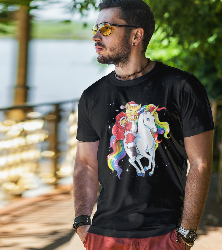 Meowy Cat Santa Riding Rainbow Unicorn Christmas Girls Women T-Shirt