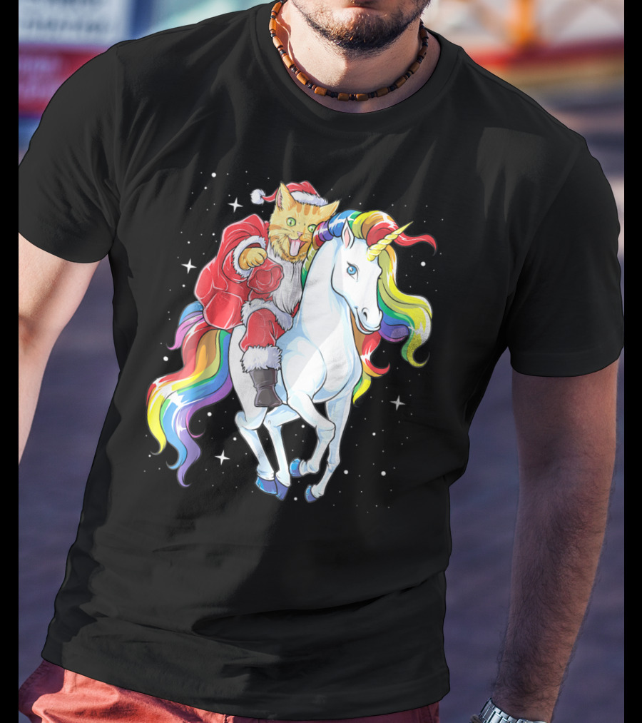 Meowy Cat Santa Riding Rainbow Unicorn Christmas Girls Women T-Shirt