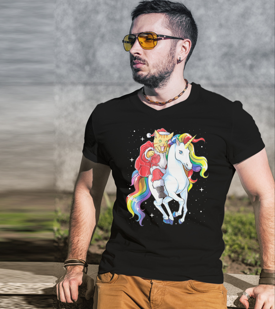 Meowy Cat Santa Riding Rainbow Unicorn Christmas Girls Women T-Shirt