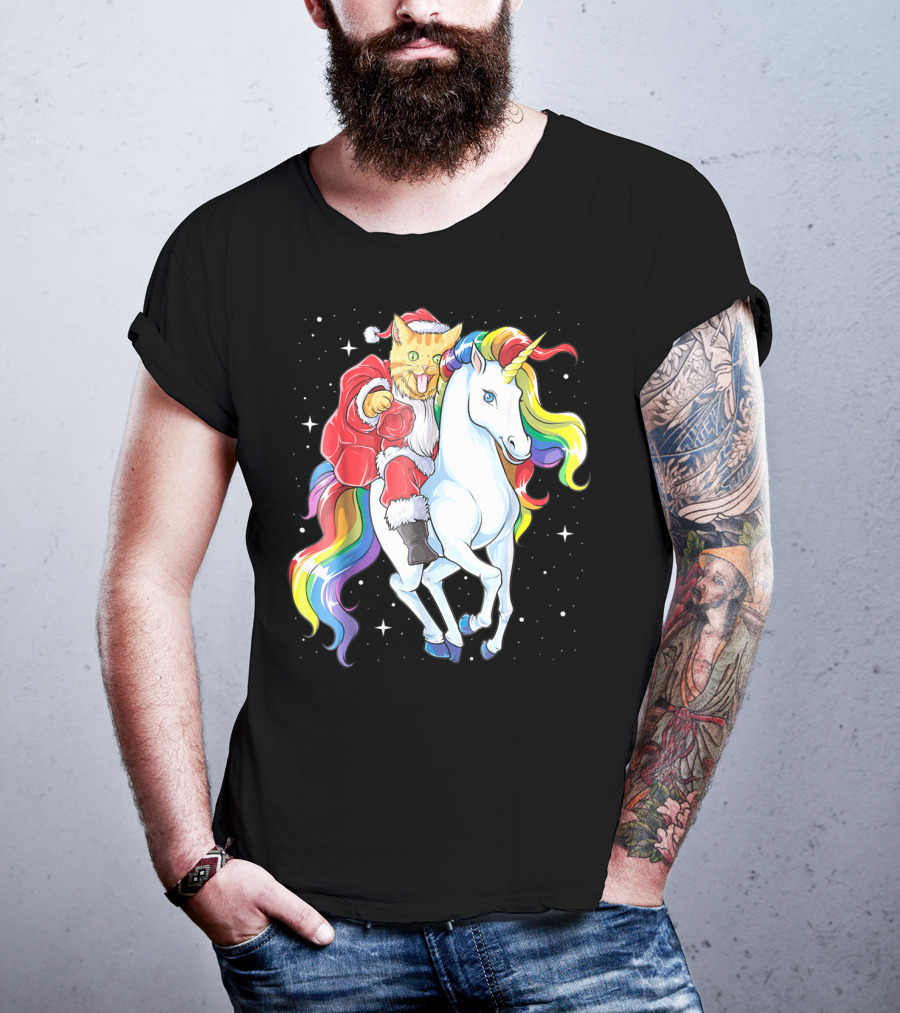 Meowy Cat Santa Riding Rainbow Unicorn Christmas Girls Women T-Shirt