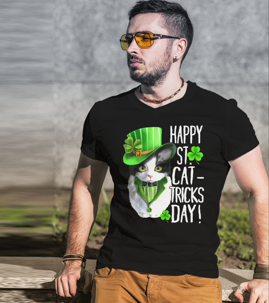 Happy St. Cat-Tricks Day Leprechaun Cat Shamrock T-Shirt