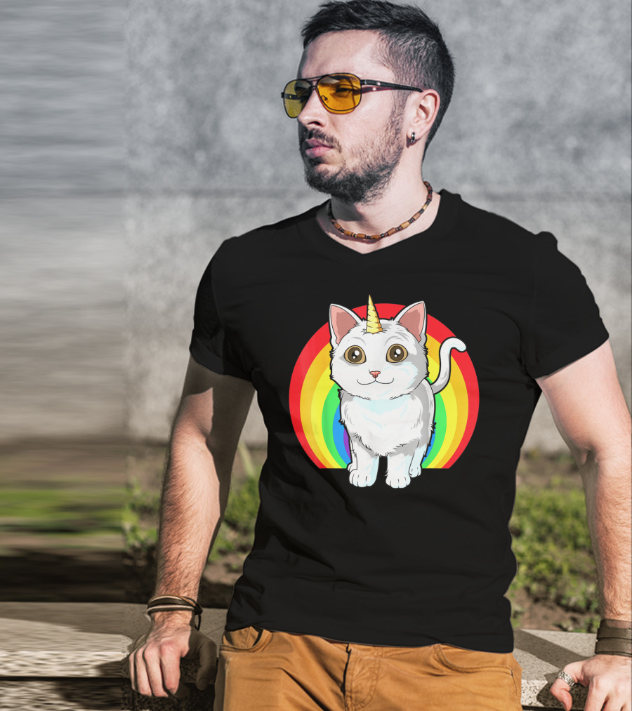 Rainbow Cat Unicorn Horn Kitten T-Shirt