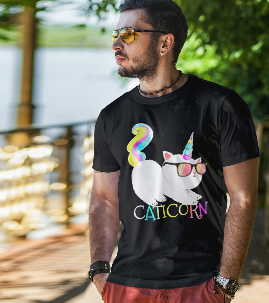 Caticorn Rainbow Unicorn Cat Girls Sunglasses Colorful Mane T-Shirt