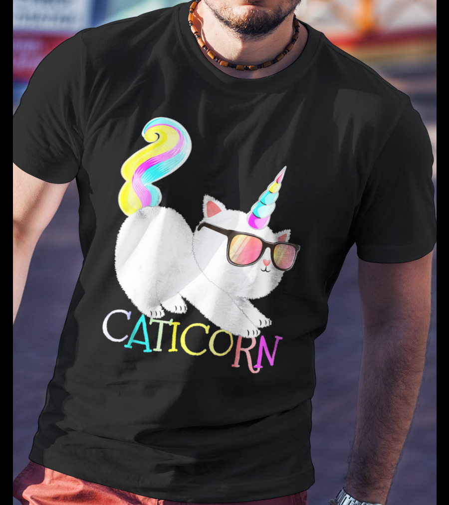 Caticorn Rainbow Unicorn Cat Girls Sunglasses Colorful Mane T-Shirt