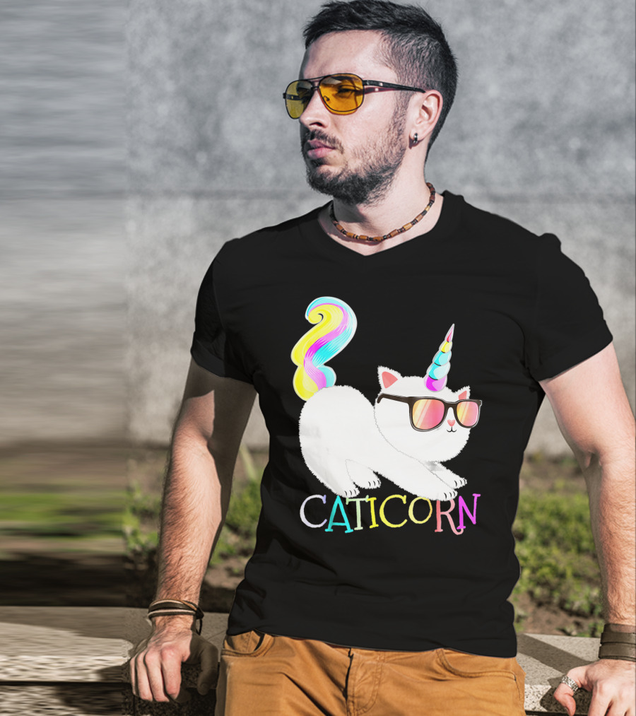 Caticorn Rainbow Unicorn Cat Girls Sunglasses Colorful Mane T-Shirt