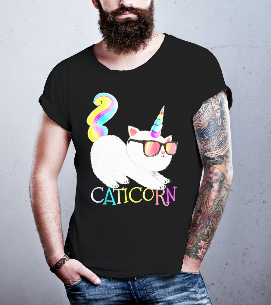 Caticorn Rainbow Unicorn Cat Girls Sunglasses Colorful Mane T-Shirt