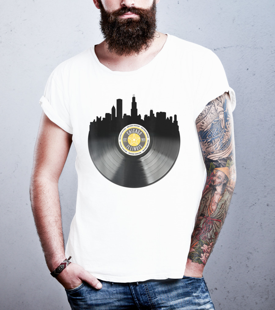 Chicago Illinois Vinyl Record Skyline EST 1833 T-Shirt