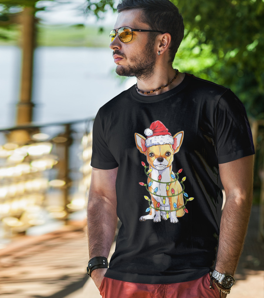 Chihuahua Christmas Santa Hat Holiday Lights Dog T-Shirt