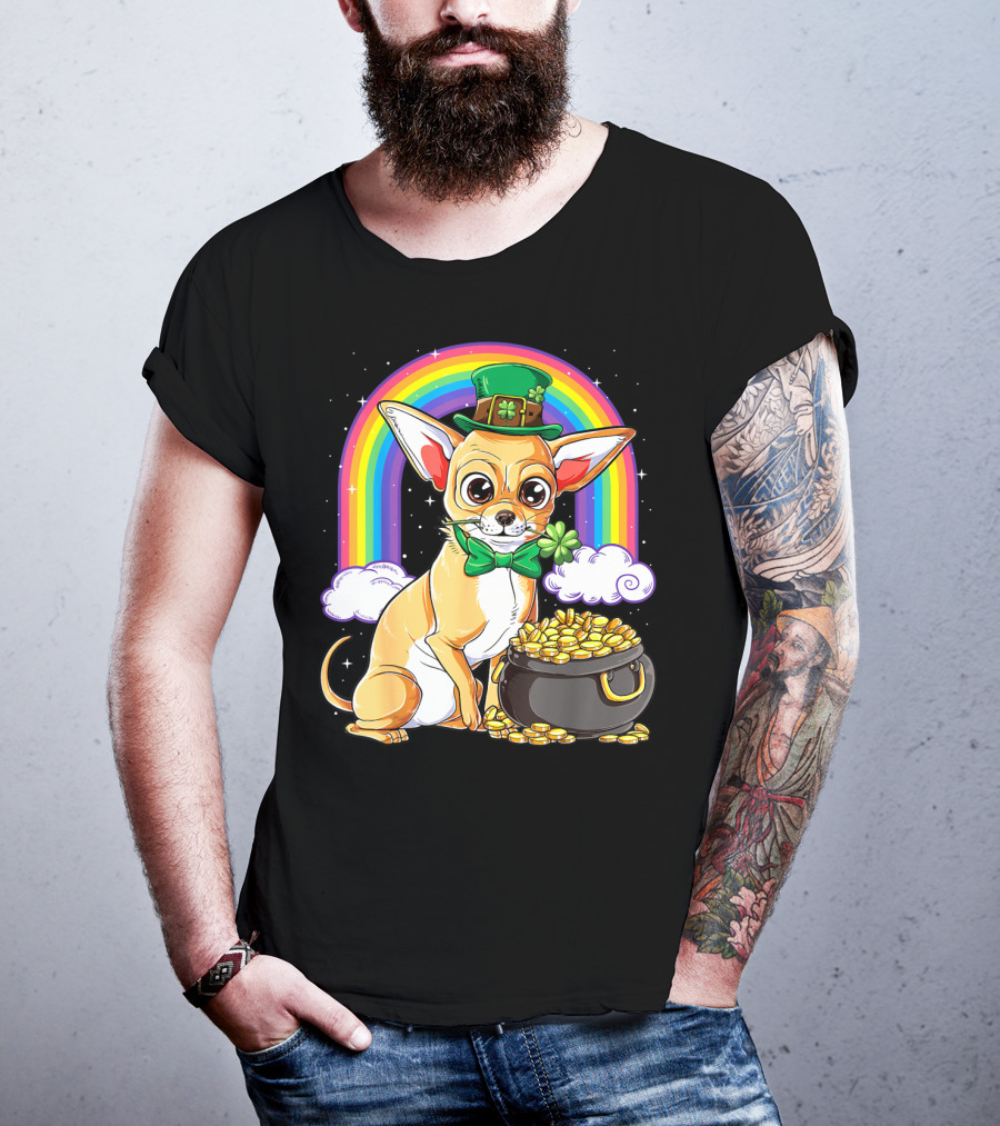 Chihuahua St Patricks Day Leprechaun Rainbow Pot Of Gold T-Shirt
