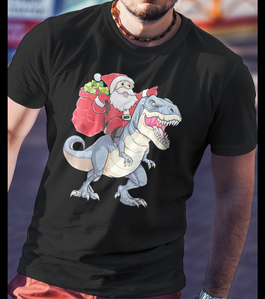 Christmas Santa Riding Dinosaur Rex With Presents T-Shirt