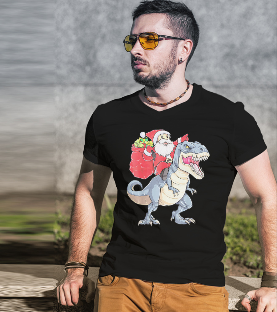 Christmas Santa Riding Dinosaur Rex With Presents T-Shirt