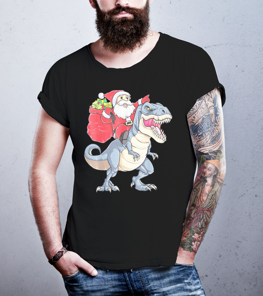 Christmas Santa Riding Dinosaur Rex With Presents T-Shirt