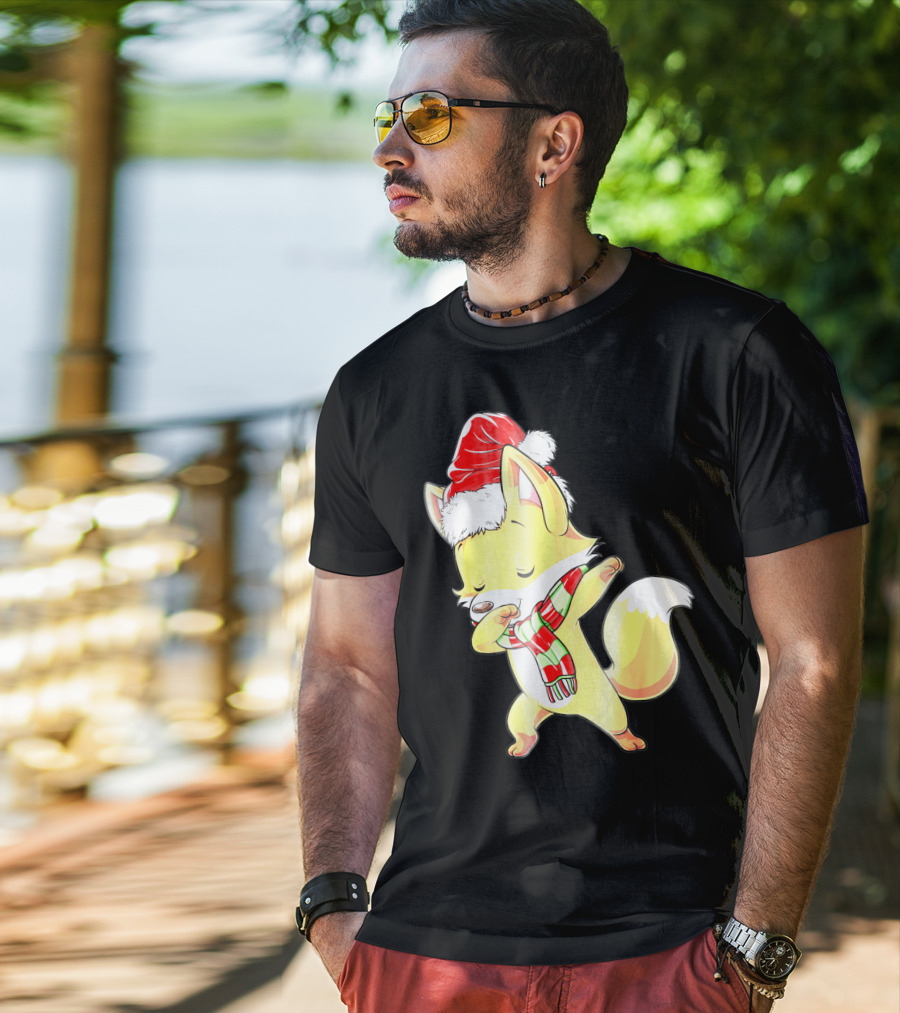Christmas Fox Dabbing In Santa Hat And Scarf T-Shirt