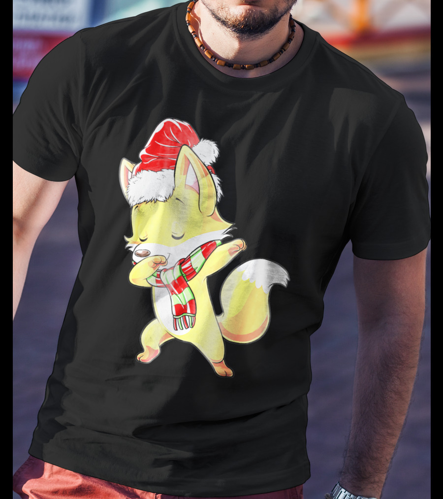 Christmas Fox Dabbing In Santa Hat And Scarf T-Shirt