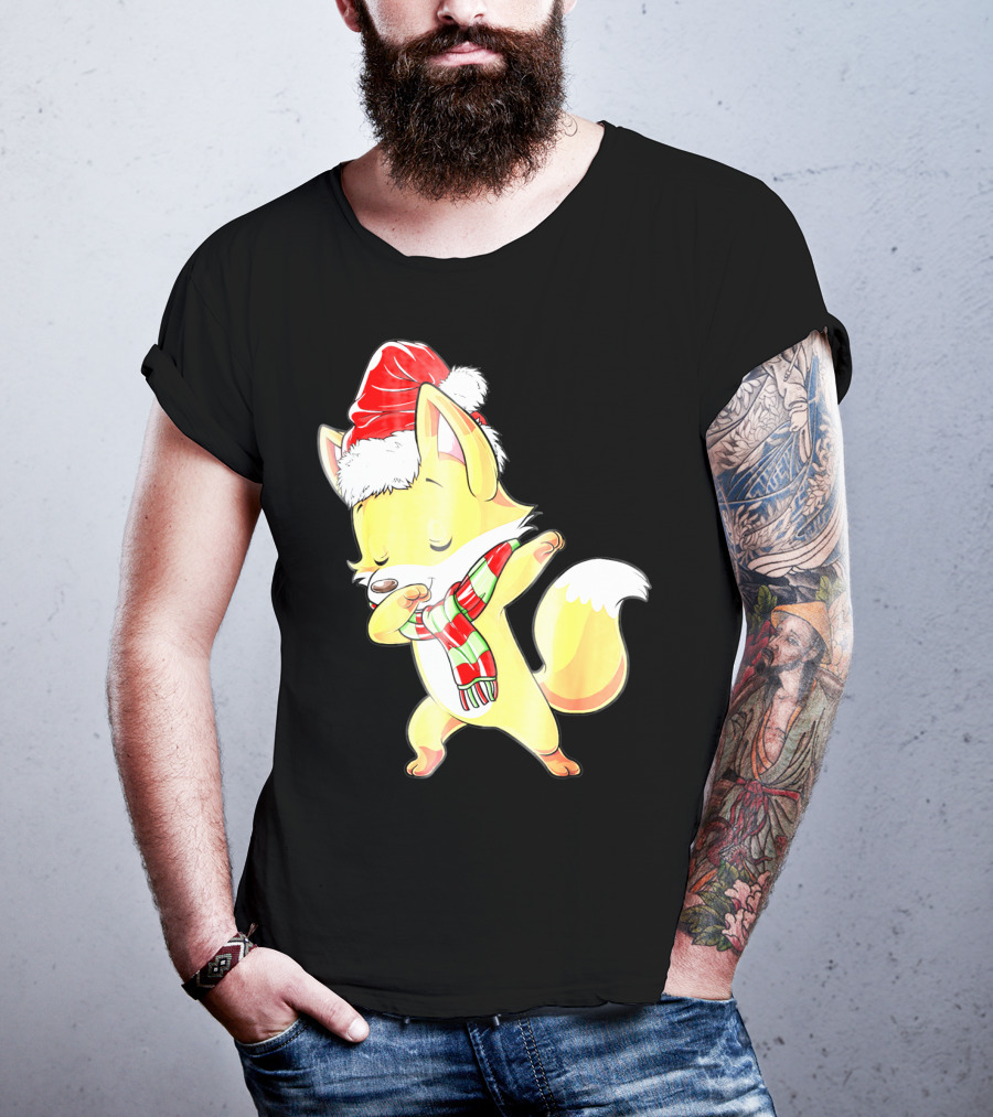 Christmas Fox Dabbing In Santa Hat And Scarf T-Shirt