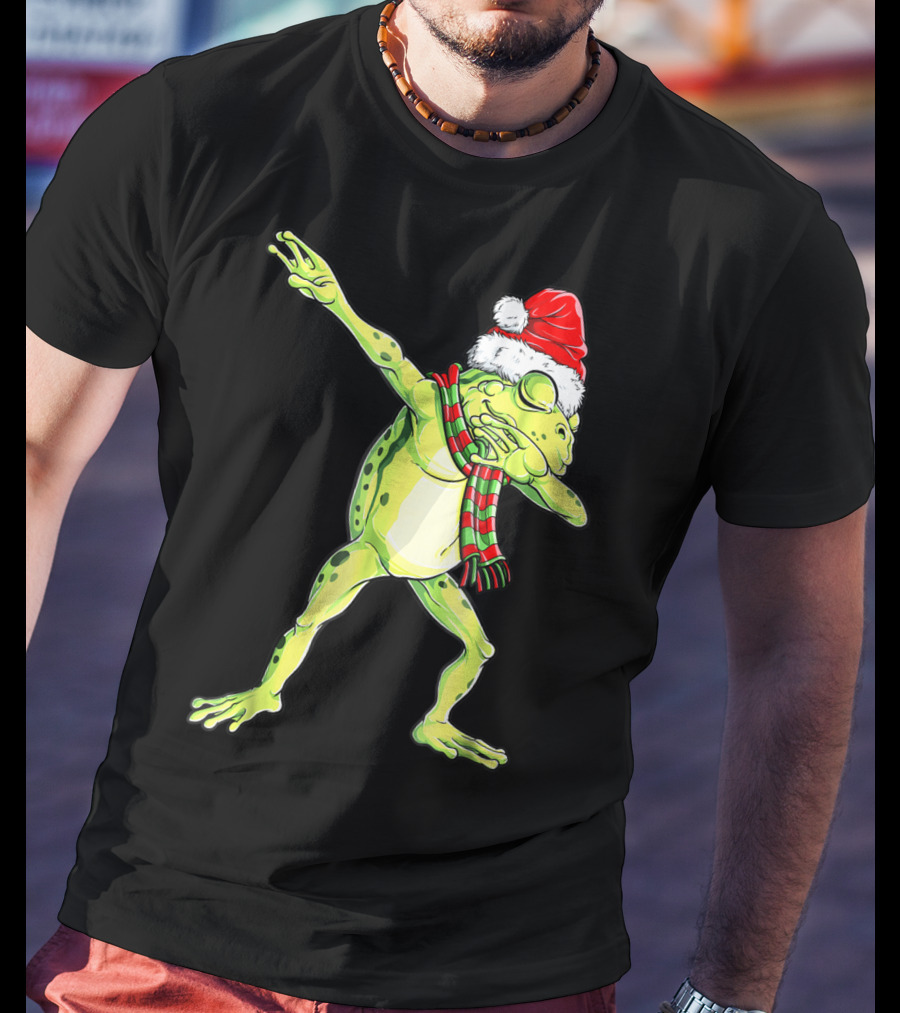 Dabbing Frog With Santa Hat And Scarf Christmas T-Shirt