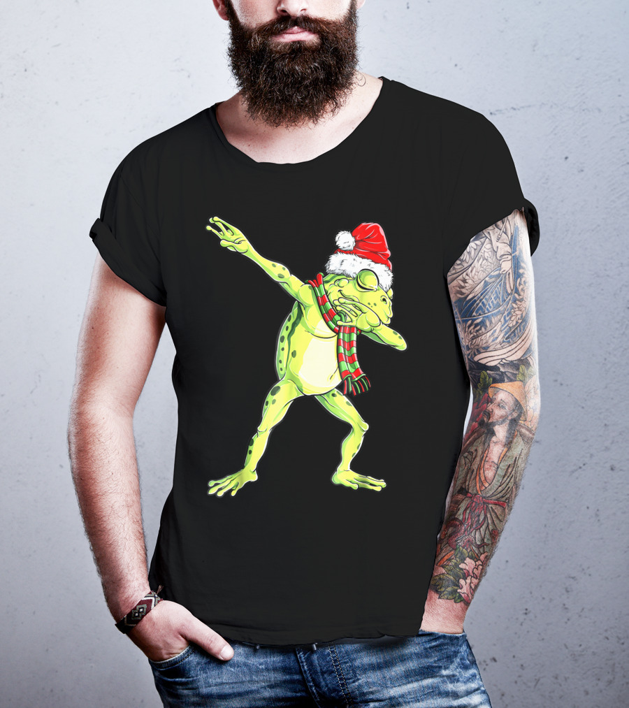 Dabbing Frog With Santa Hat And Scarf Christmas T-Shirt