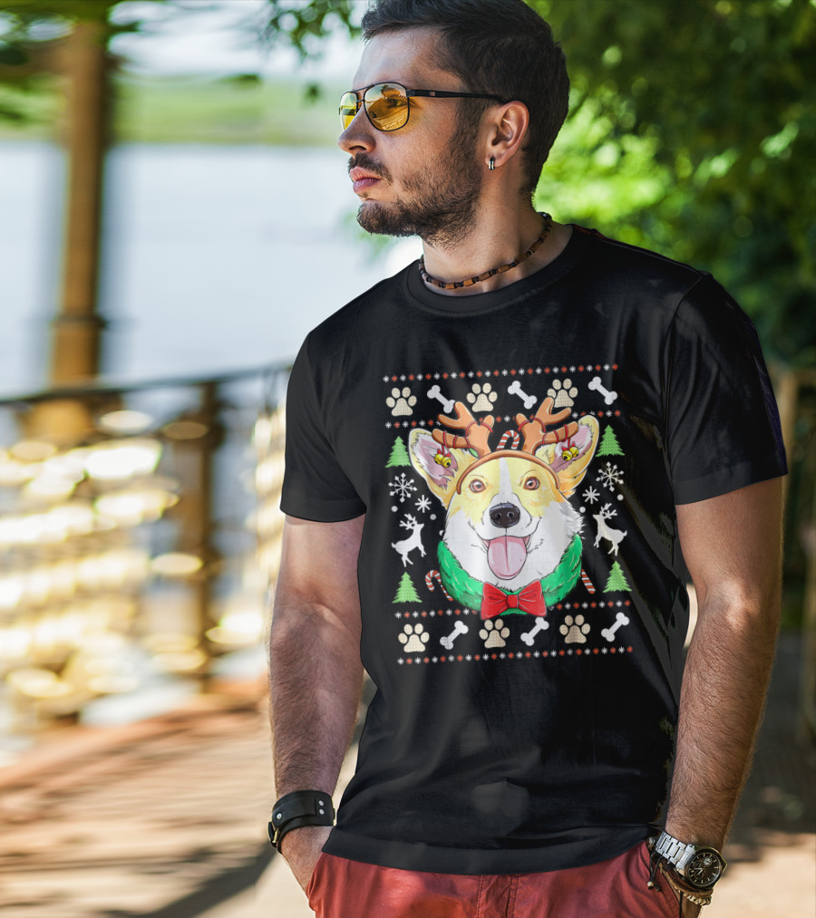Corgi Christmas Reindeer Antlers Dog Ugly Sweater Xmas Girls T-Shirt