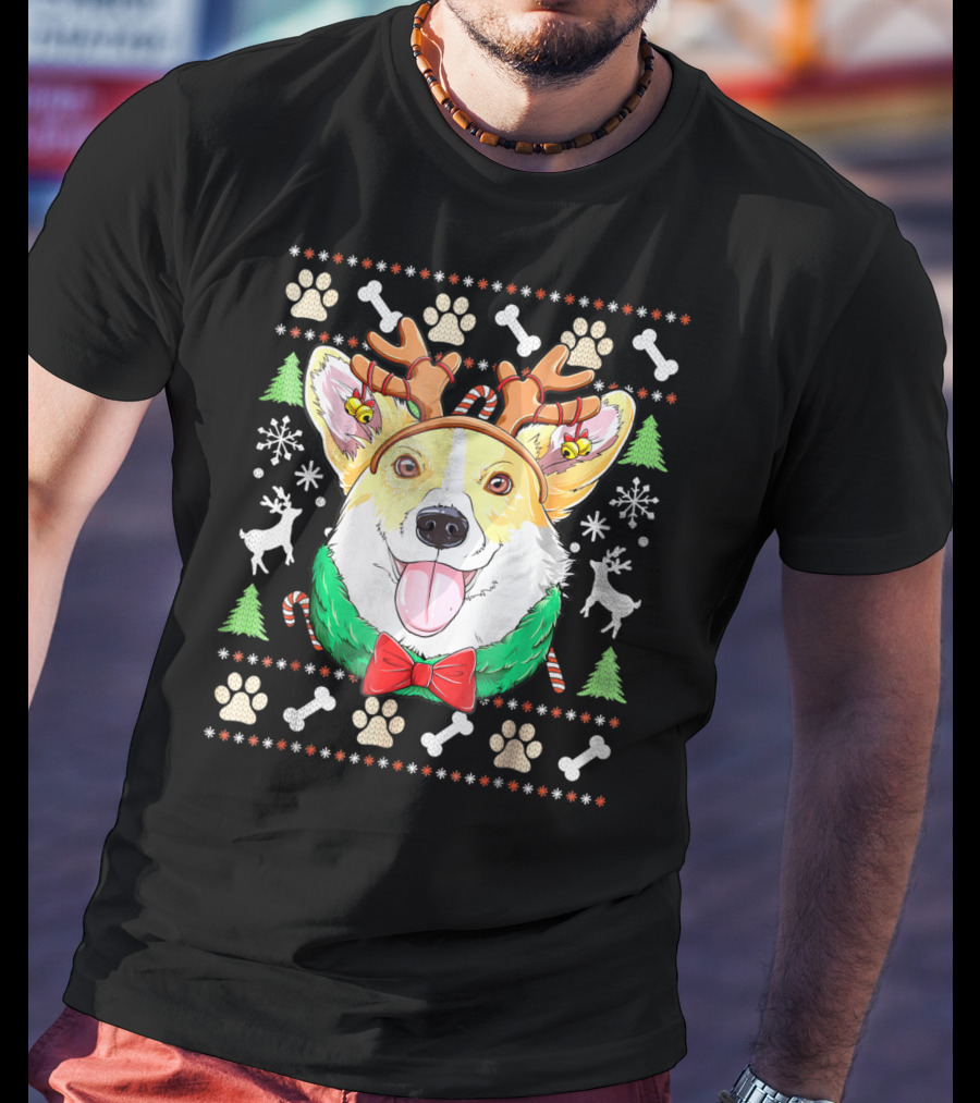 Corgi Christmas Reindeer Antlers Dog Ugly Sweater Xmas Girls T-Shirt