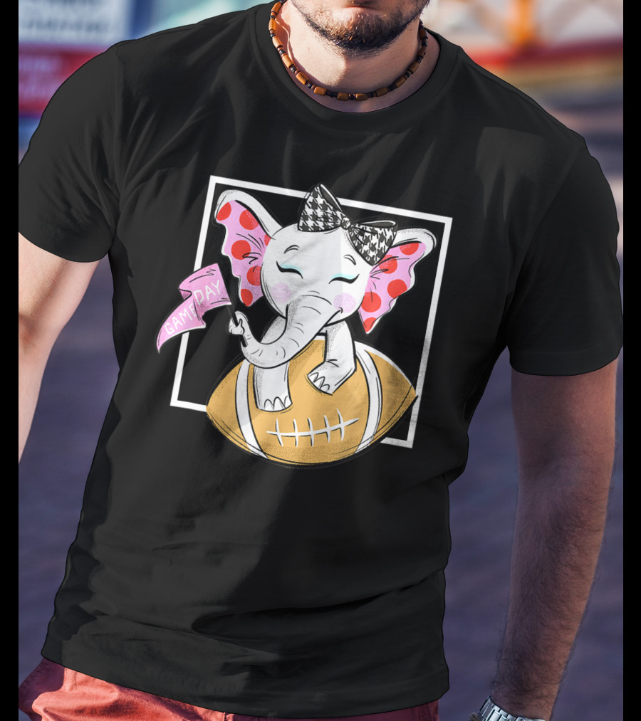 Game Day Elephant With Pink Flag And Houndstooth Bow On Football For Women And Girls Football T-Shirt