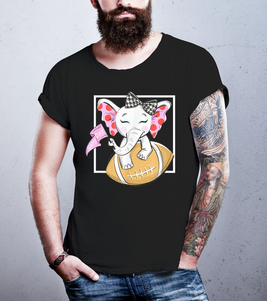 Game Day Elephant With Pink Flag And Houndstooth Bow On Football For Women And Girls Football T-Shirt