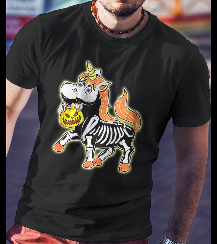 Skeleton Unicorn With Pumpkin Basket T-Shirt