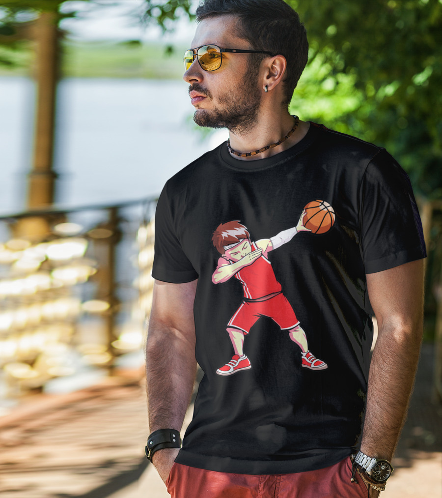 Dabbing Basketball Boy Dab Dance Player In Red Uniform Holding Ball T-Shirt