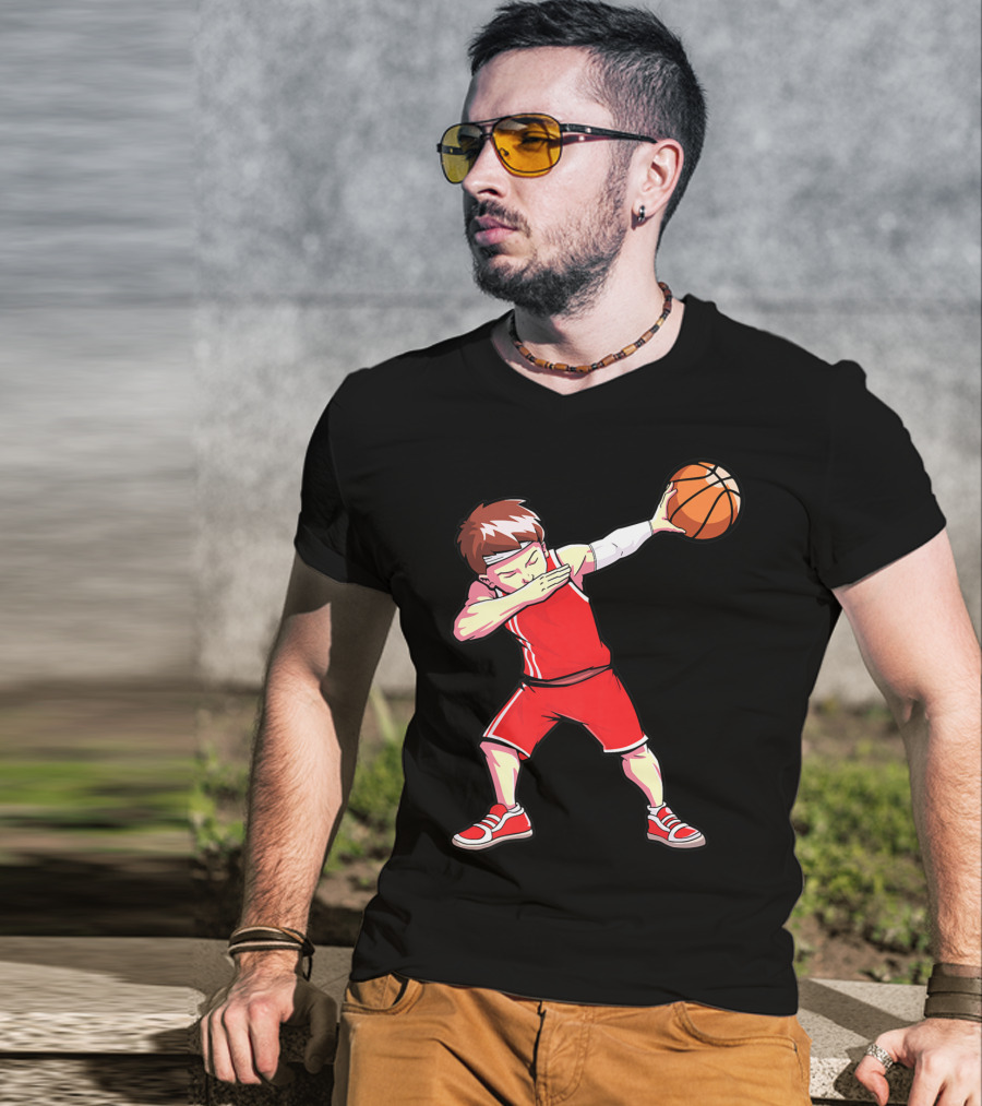 Dabbing Basketball Boy Dab Dance Player In Red Uniform Holding Ball T-Shirt