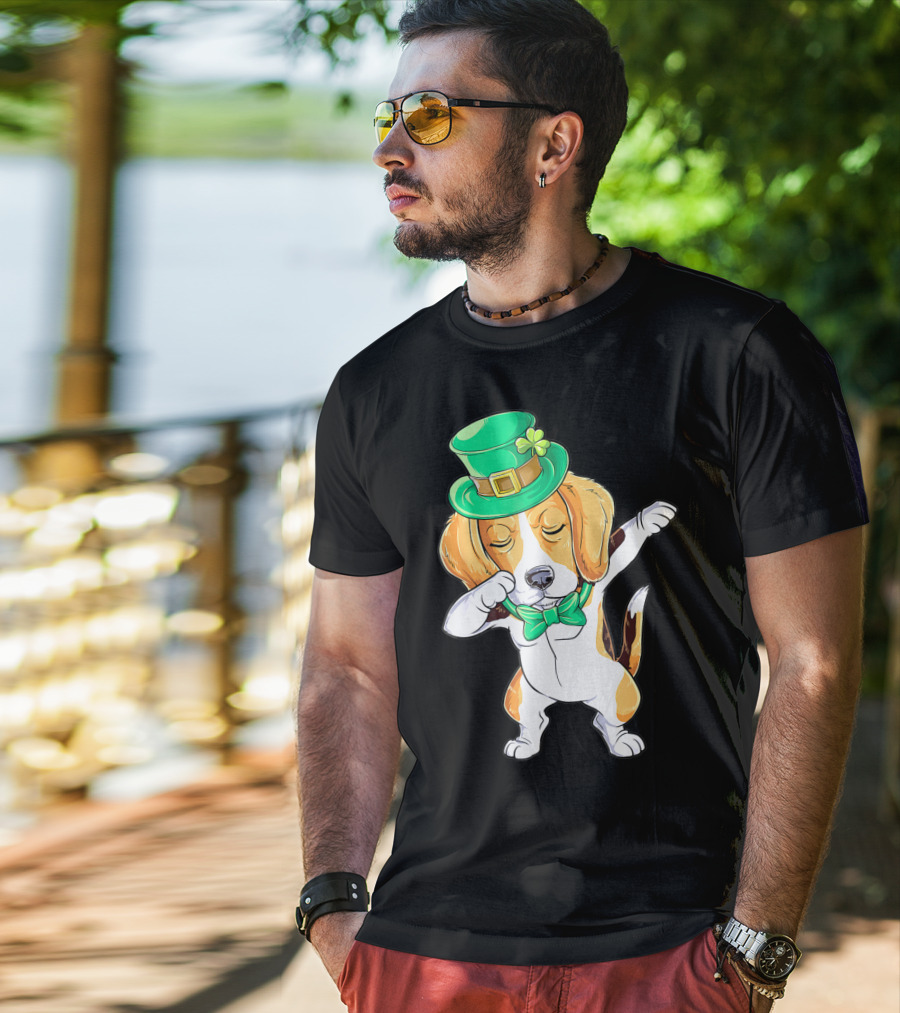 Dabbing Beagle In St Patricks Day Leprechaun Hat And Bowtie T-Shirt