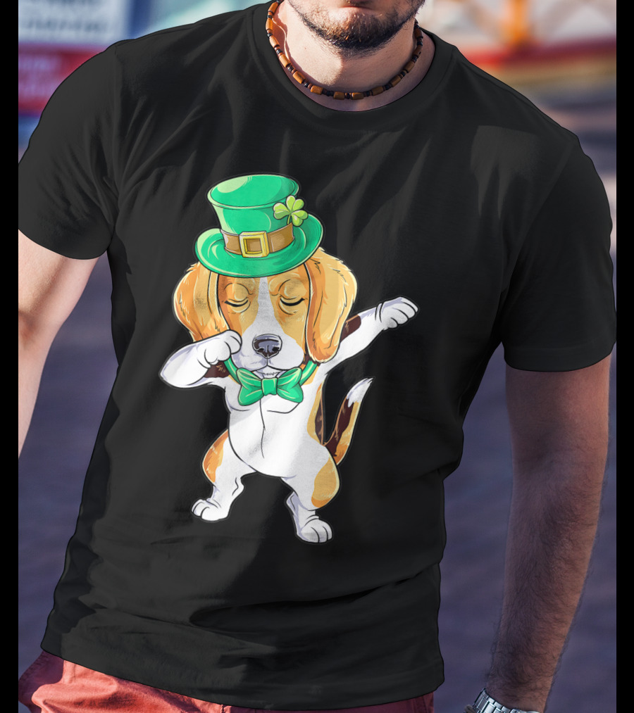 Dabbing Beagle In St Patricks Day Leprechaun Hat And Bowtie T-Shirt
