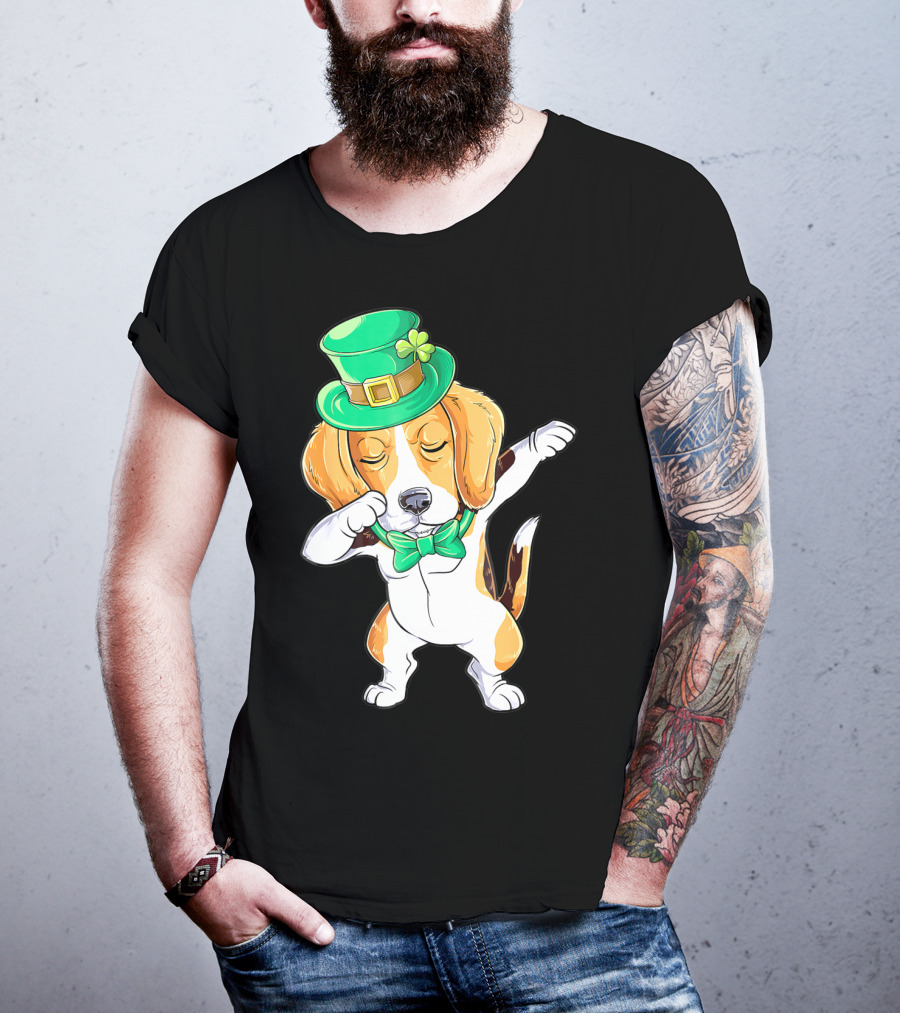 Dabbing Beagle In St Patricks Day Leprechaun Hat And Bowtie T-Shirt