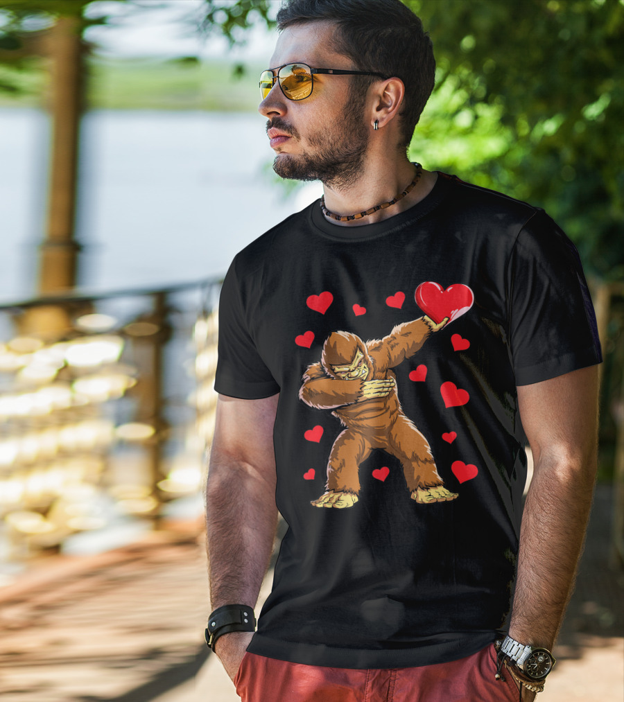 Dabbing Bigfoot With Heart Valentine's Day Boys Men Love T-Shirt