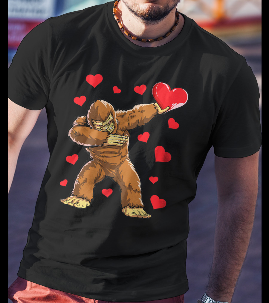 Dabbing Bigfoot With Heart Valentine's Day Boys Men Love T-Shirt