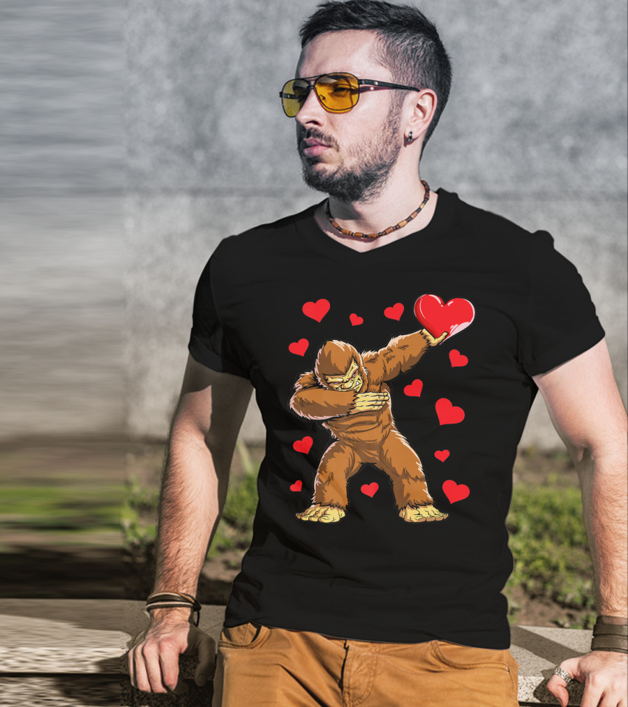 Dabbing Bigfoot With Heart Valentine's Day Boys Men Love T-Shirt