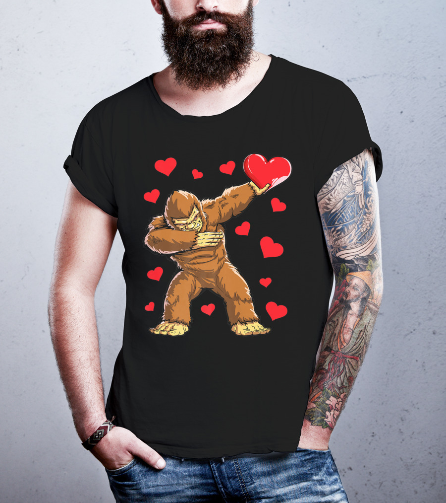 Dabbing Bigfoot With Heart Valentine's Day Boys Men Love T-Shirt