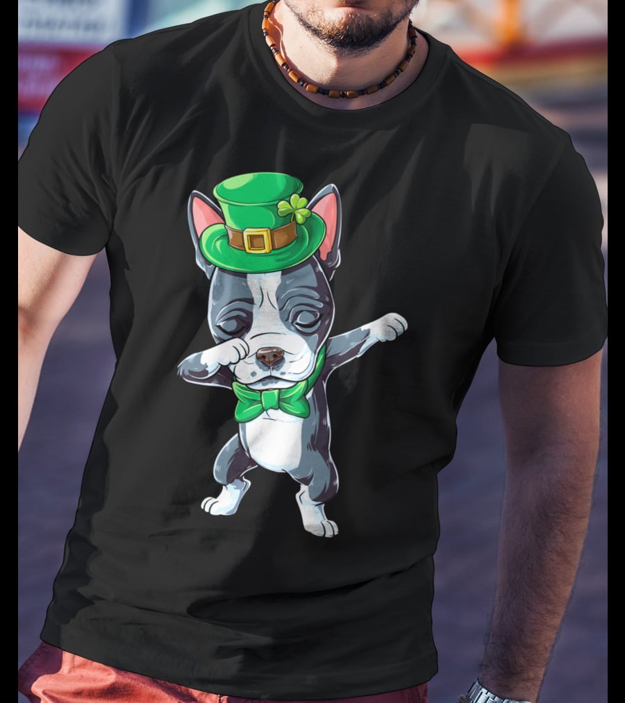 Dabbing Boston Terrier St Patricks Day Leprechaun Green Hat Bow Tie T-Shirt