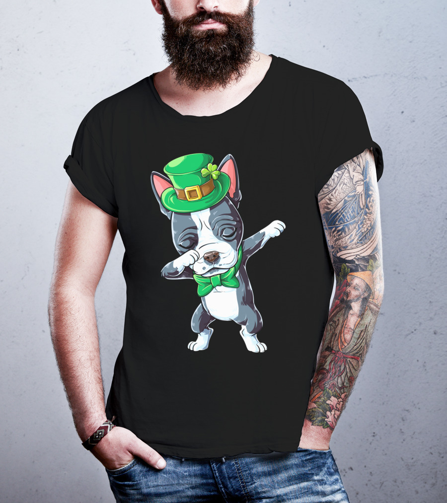 Dabbing Boston Terrier St Patricks Day Leprechaun Green Hat Bow Tie T-Shirt