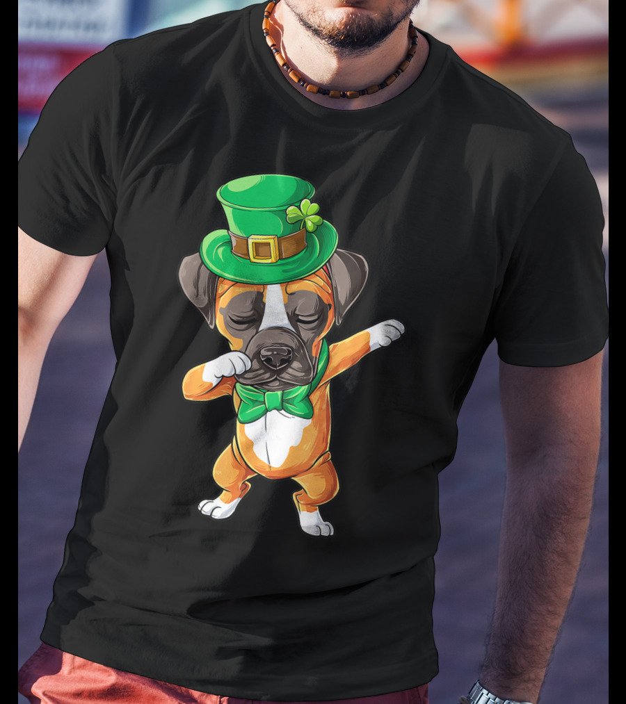 St Patricks Day Dabbing Leprechaun Boxer Dog Boys T-Shirt