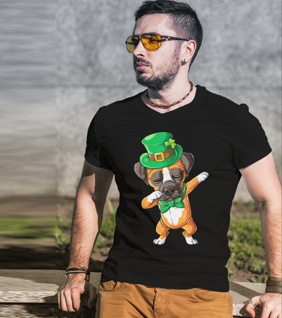 St Patricks Day Dabbing Leprechaun Boxer Dog Boys T-Shirt