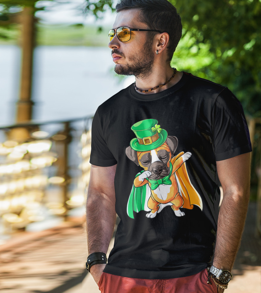 Dabbing Boxer Puppy St Patricks Day Leprechaun Costume Irish Flag T-Shirt
