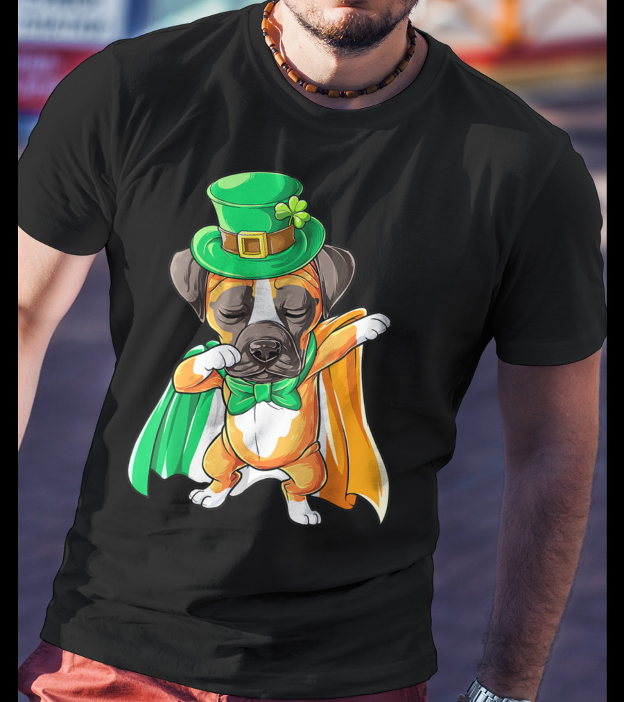 Dabbing Boxer Puppy St Patricks Day Leprechaun Costume Irish Flag T-Shirt