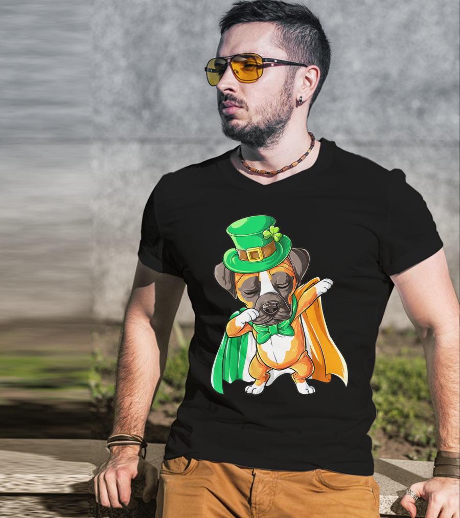 Dabbing Boxer Puppy St Patricks Day Leprechaun Costume Irish Flag T-Shirt