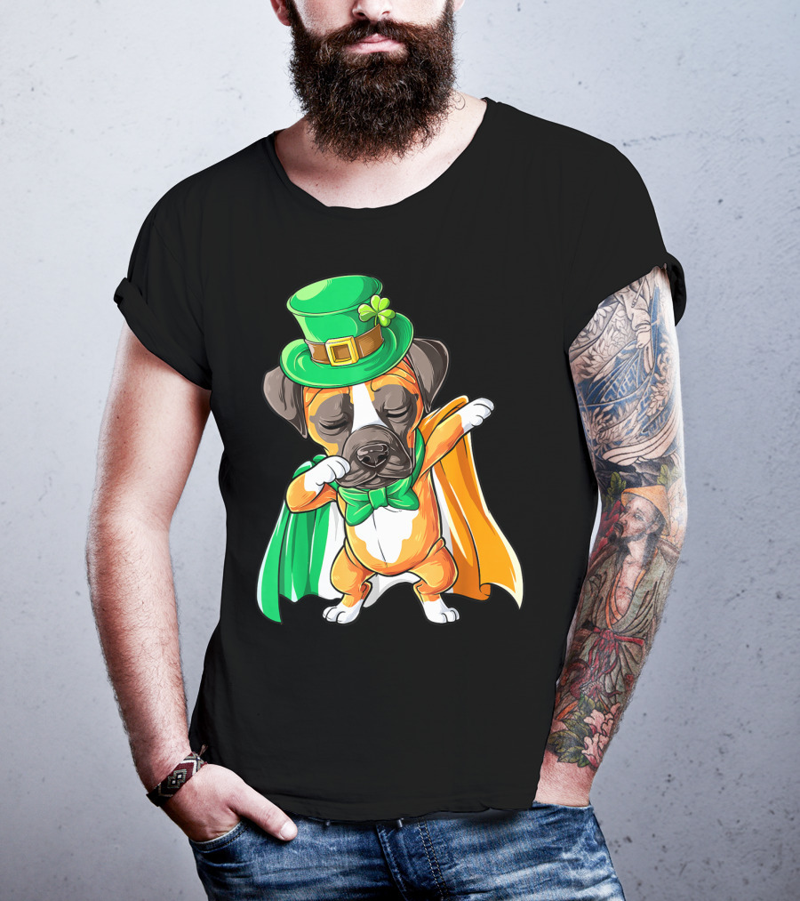 Dabbing Boxer Puppy St Patricks Day Leprechaun Costume Irish Flag T-Shirt