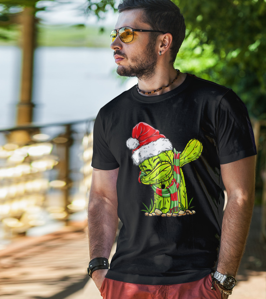 Dabbing Cactus Santa Christmas Hat And Scarf T-Shirt