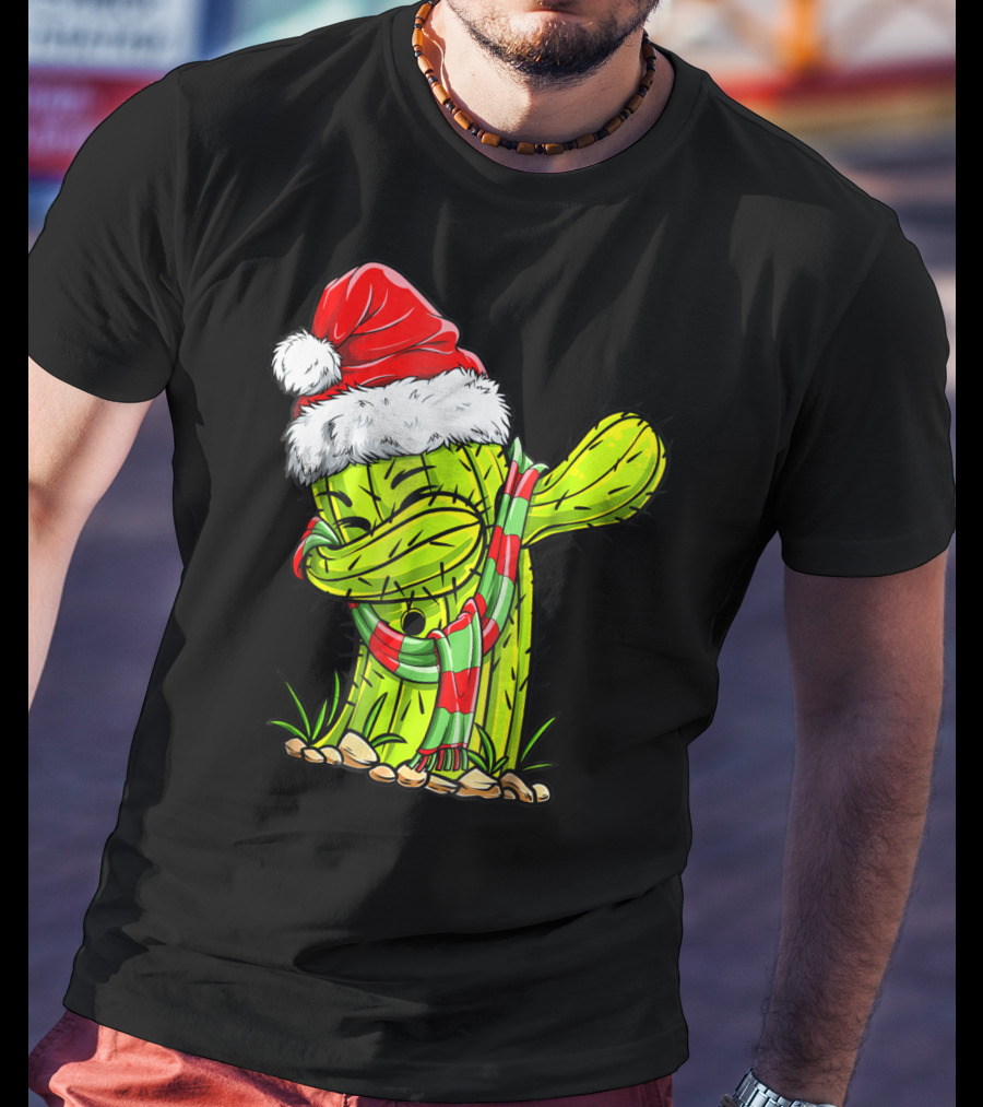 Dabbing Cactus Santa Christmas Hat And Scarf T-Shirt