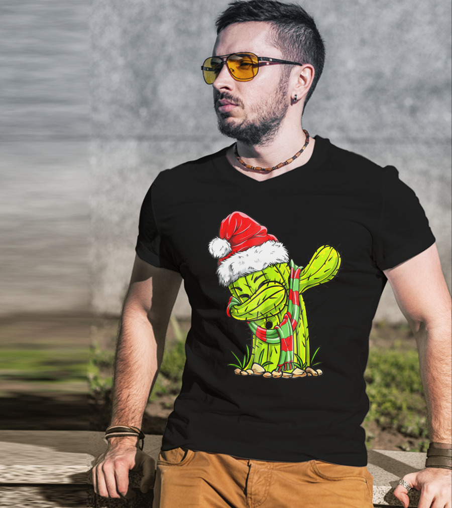 Dabbing Cactus Santa Christmas Hat And Scarf T-Shirt